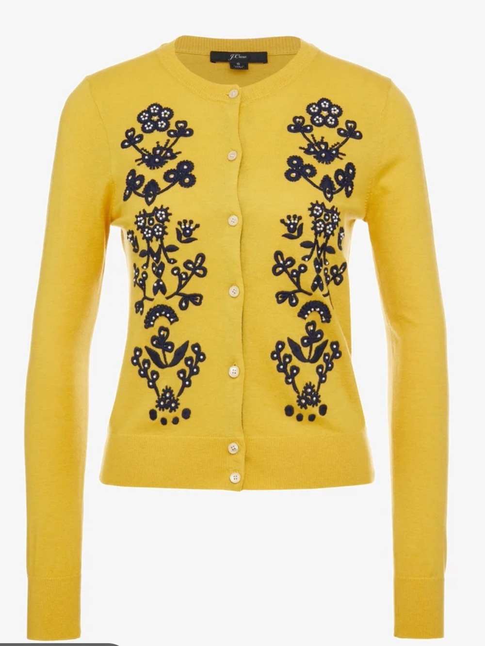 J. Crew Yellow Cardigan with Navy Floral Embroidery